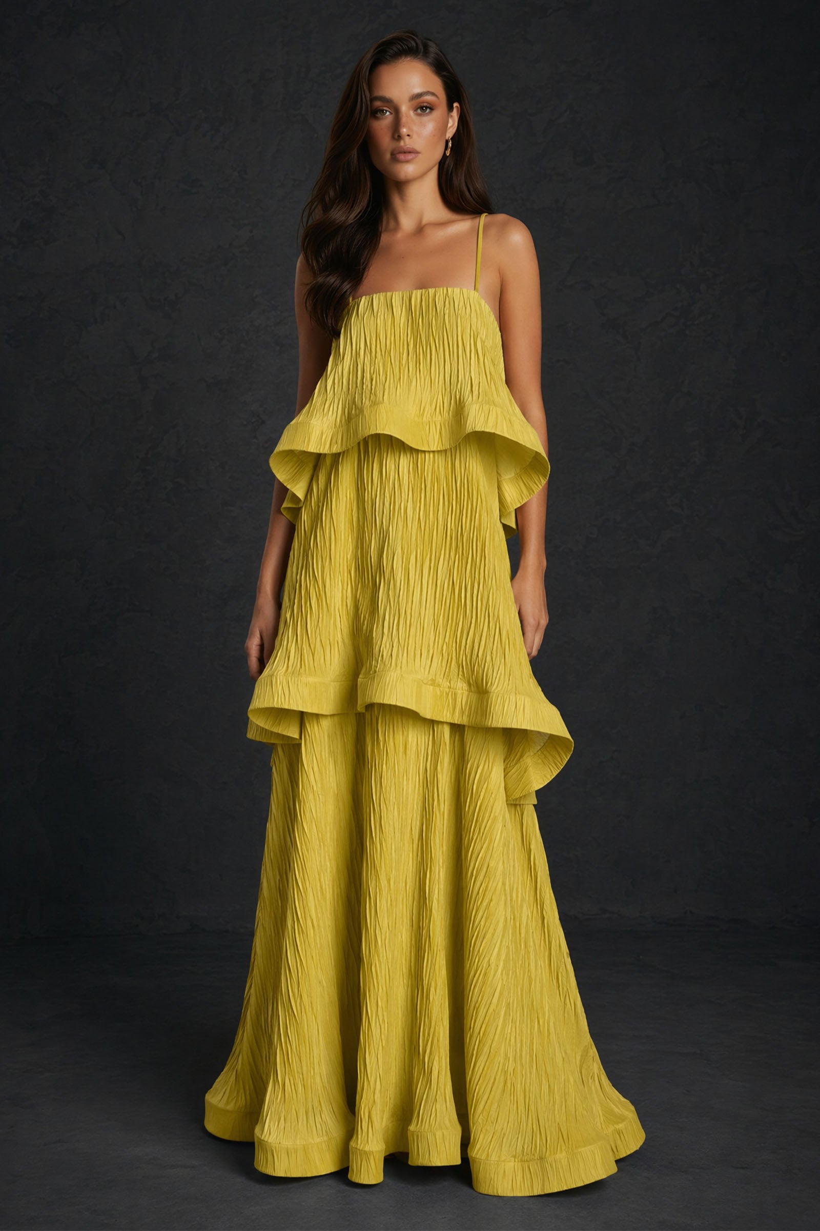 BOLODOO chartreuse yellow crinkle spaghetti strap tiered ruffle A-line backless maxi dress - front full length view