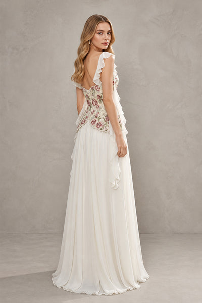 BOLODOO White Floral Embroidered Chiffon Gown - Open Back and Ruffle Detail