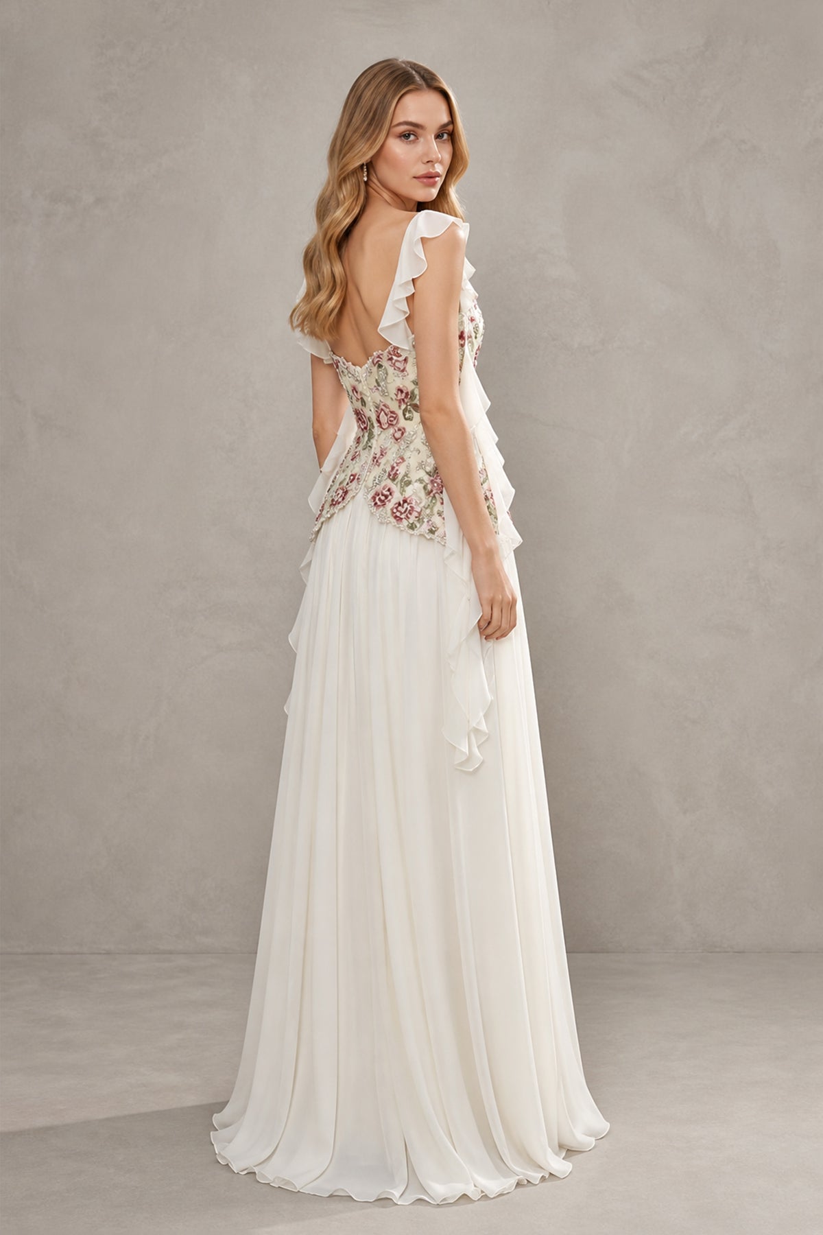 BOLODOO White Floral Embroidered Chiffon Gown - Open Back and Ruffle Detail