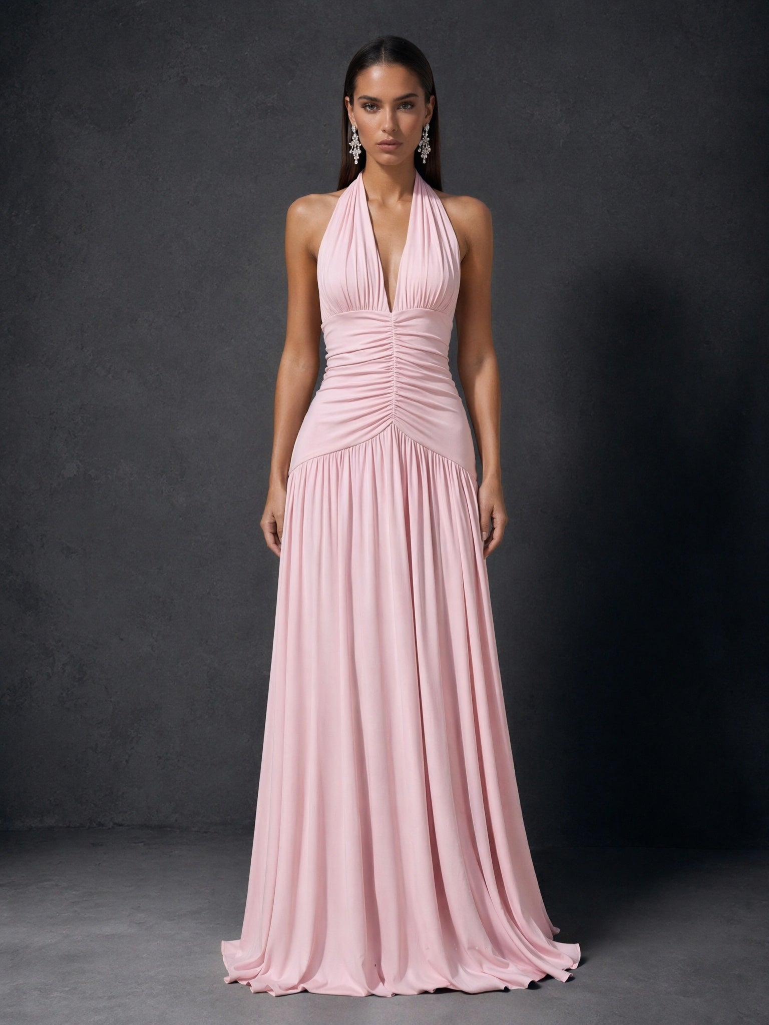BOLODOO Pink Halter Deep V-Neck Ruched Chiffon Open Back Maxi Dress with Draped Neck Tie