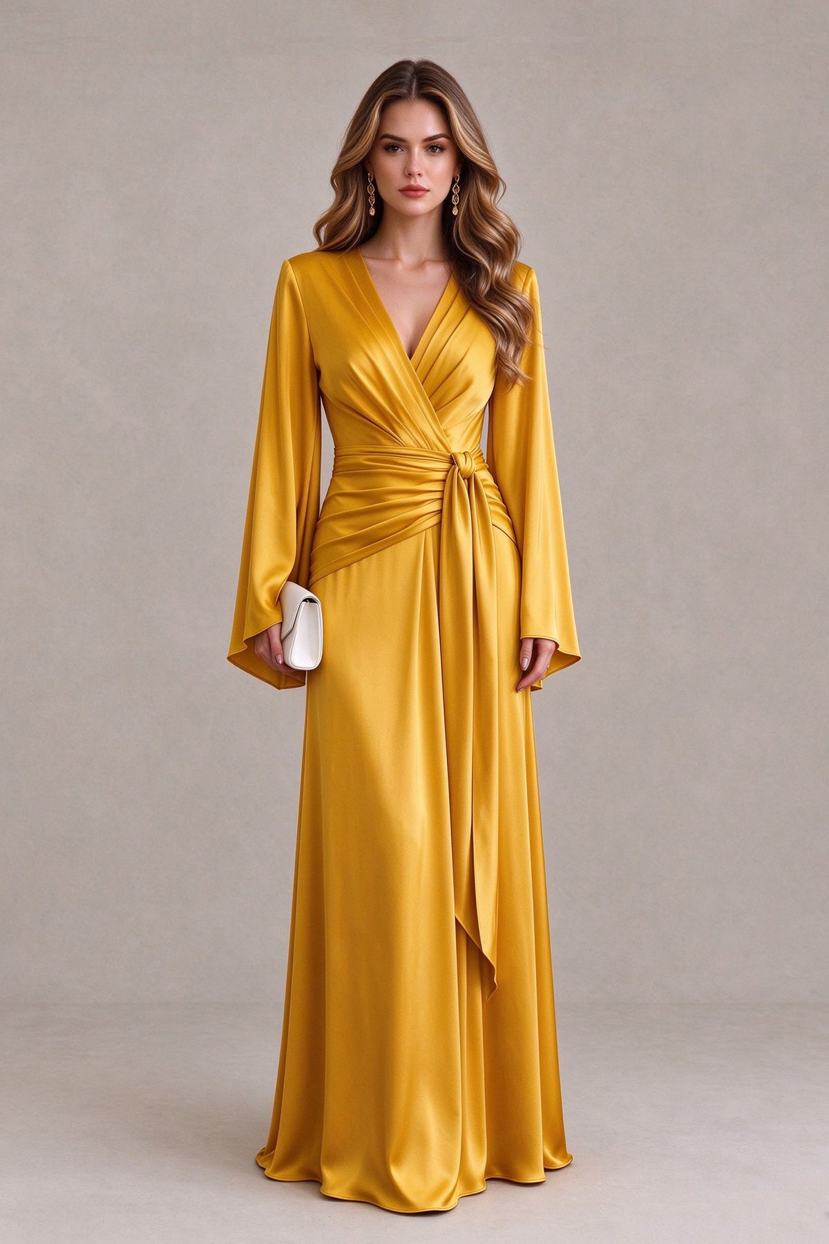 BOLODOO FQ0064 golden yellow satin-look evening dress with V-neck, long bell sleeves and floor-length skirt, three-quarter front view