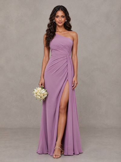 BOLODOO Dusty Purple One-Shoulder Chiffon Bridesmaid Dress with Ruched Bodice & High Slit 