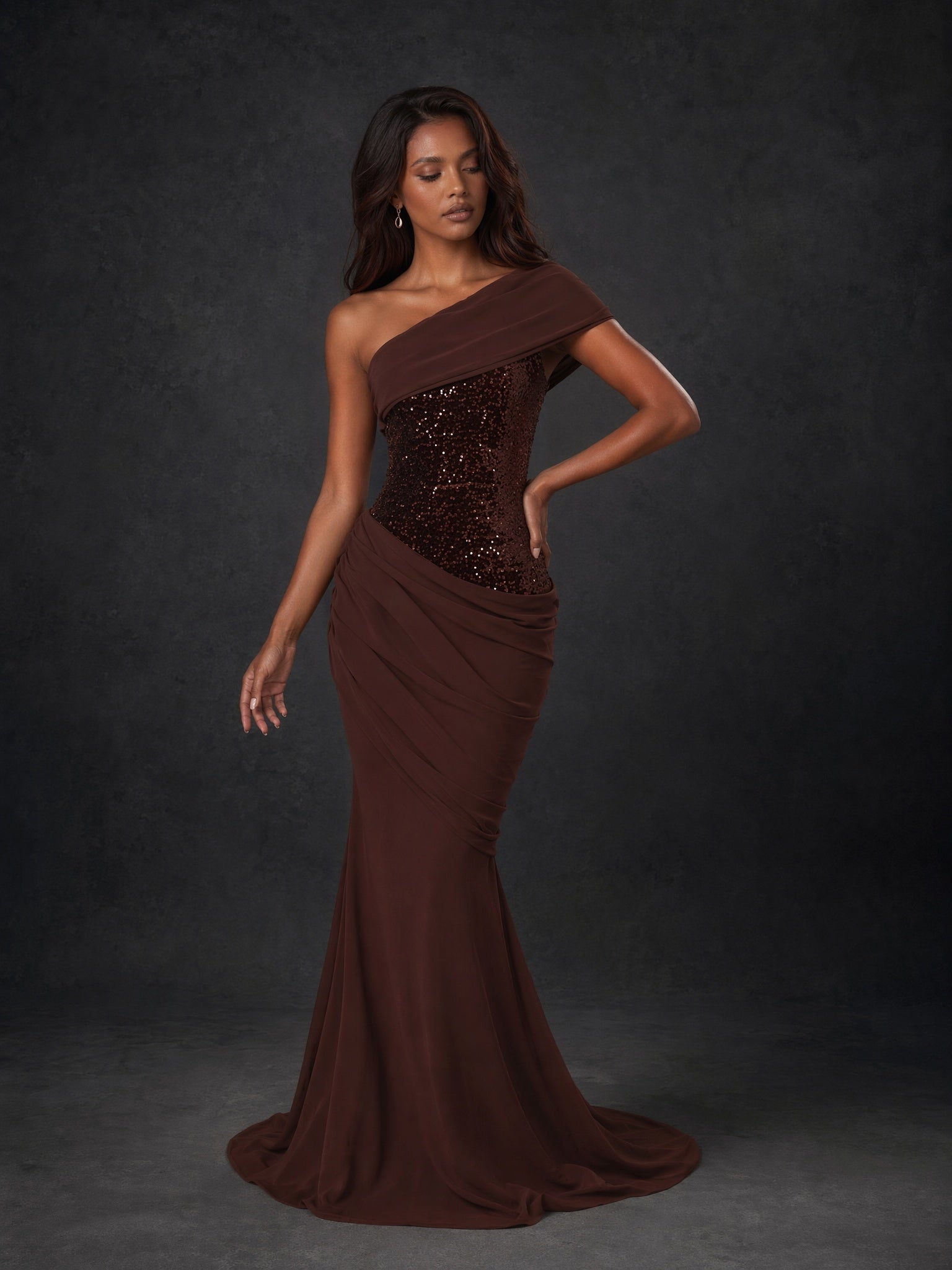 BOLODOO Chocolate Brown One-Shoulder Sequin Embroidered Ruched Mermaid Gown with Train