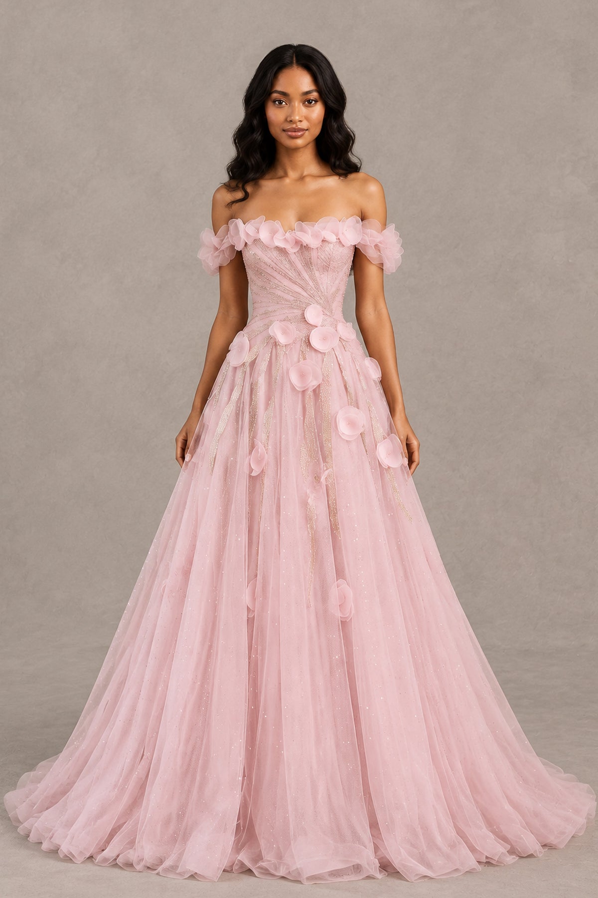 BOLODOO XX066 blush pink off-shoulder petal tulle-look A-line prom dress, full front view