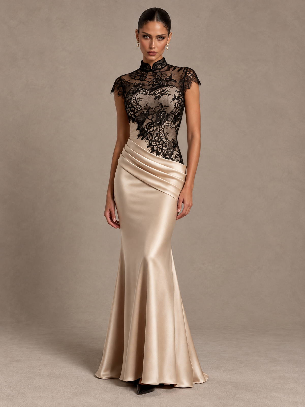 BOLODOO Champagne & Black Lace High Neck Mermaid Formal Dress 