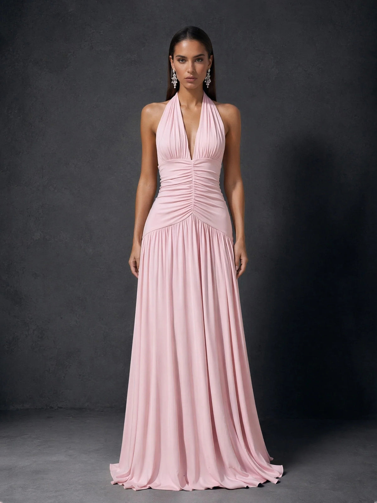 BOLODOO Pink Halter Deep V-Neck Ruched Chiffon Open Back Maxi Dress with Draped Neck Tie