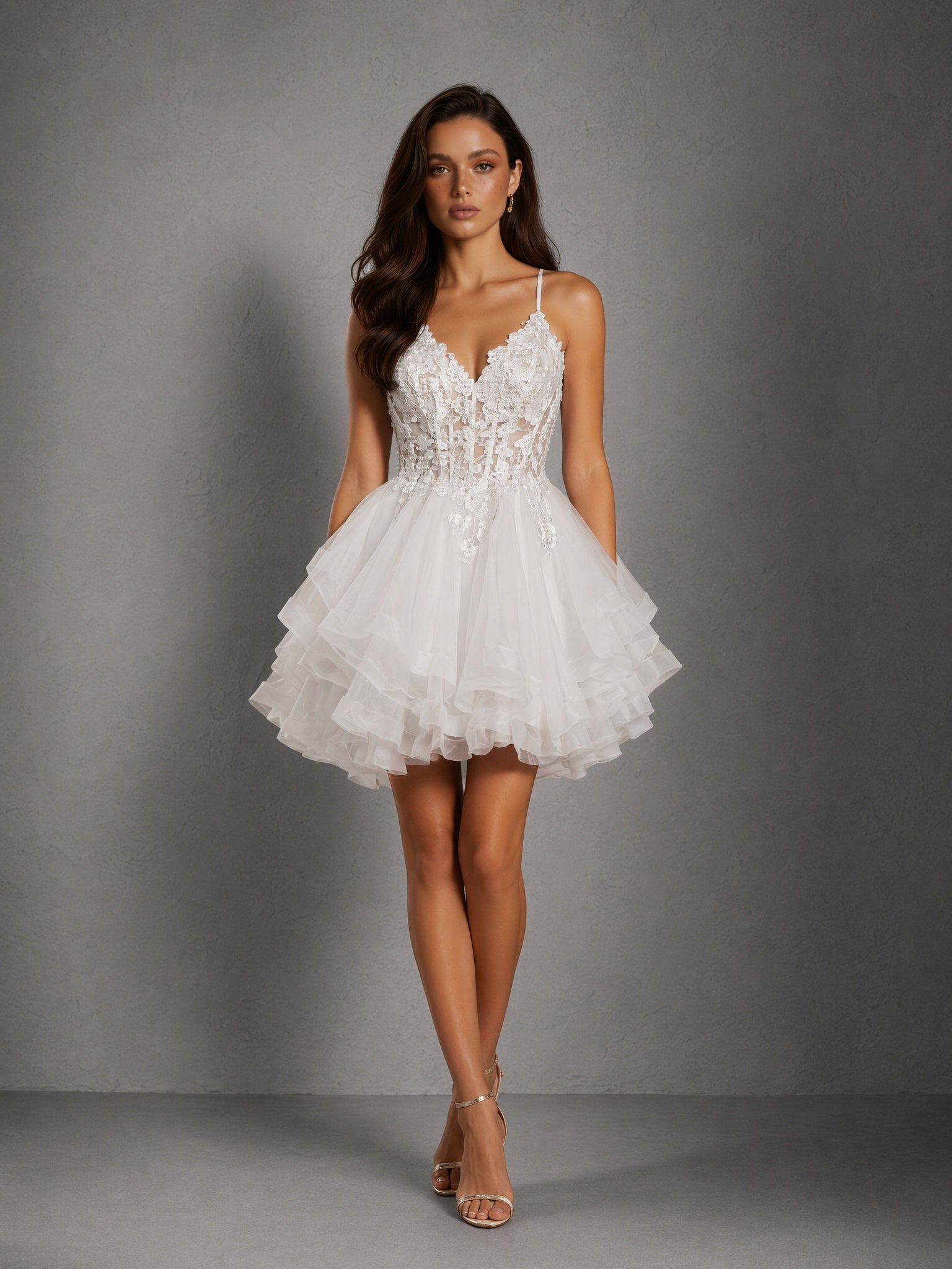 BOLODOO Ivory 3D Floral Lace Corset Deep V Spaghetti Strap Tiered Tulle Mini Dress - Front Full Length Static View