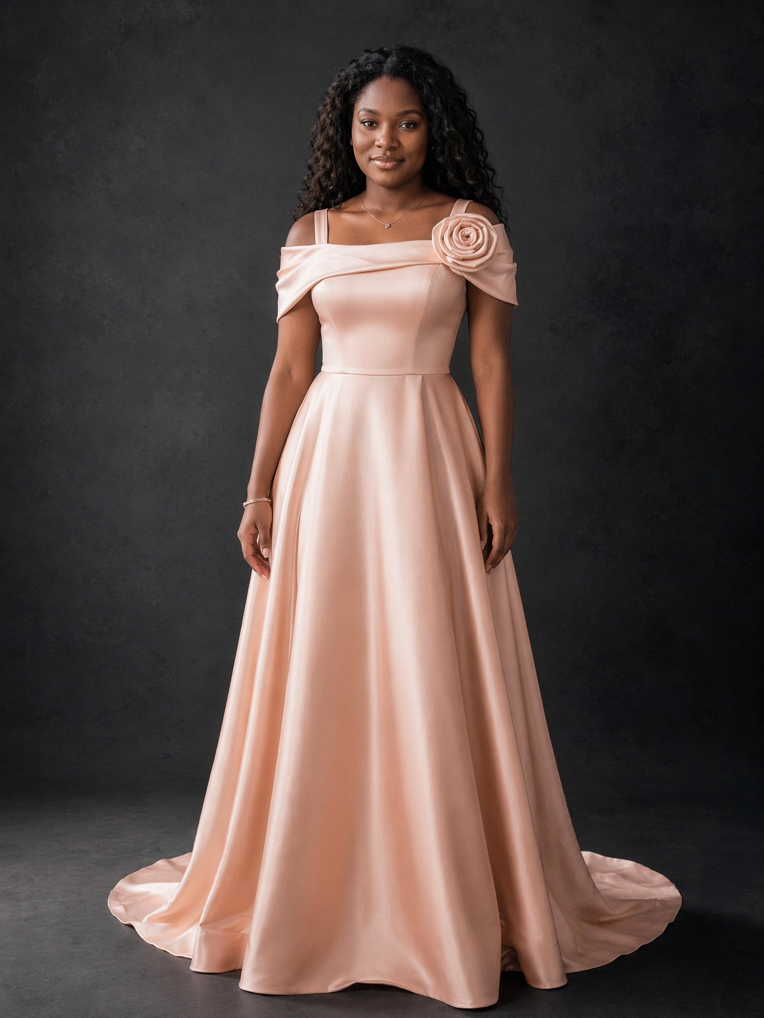 BOLODOO blush pink off-shoulder satin maxi dress with 3D rose - front full length direct gaze