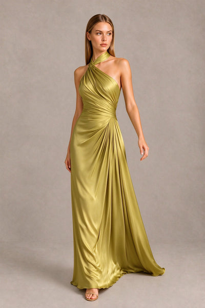 BOLODOO Olive Green Twisted Halter Neck Ruched Sleeveless Open Back Floor-Length Gown 