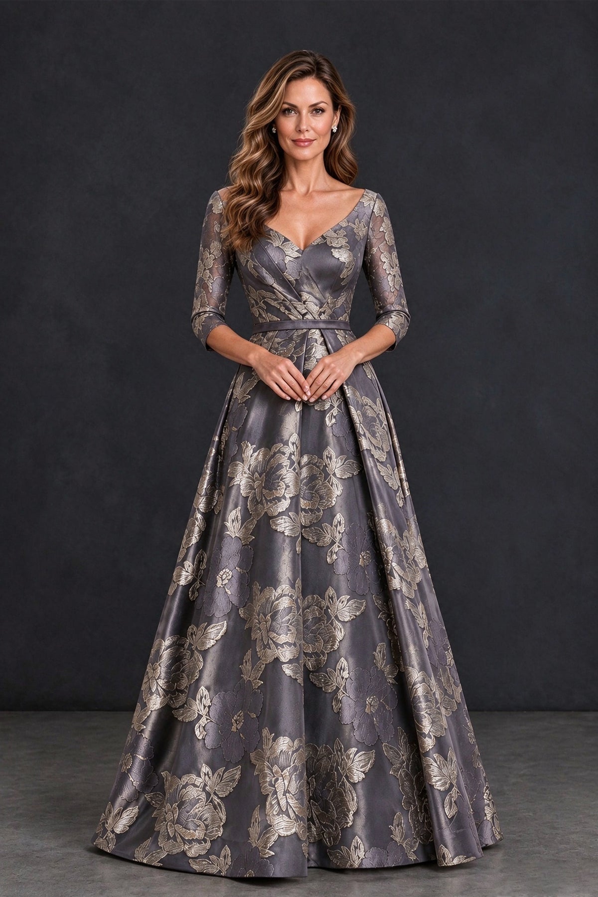 BOLODOO XX108 grey floral mother of the bride dress with V-neck and three-quarter sleeves, front view