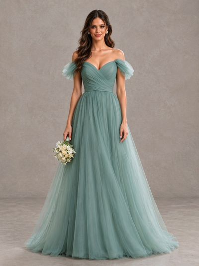 BOLODOO Sage Green Off-the-Shoulder Ruffle Sleeve A-Line Bridesmaid Dress 