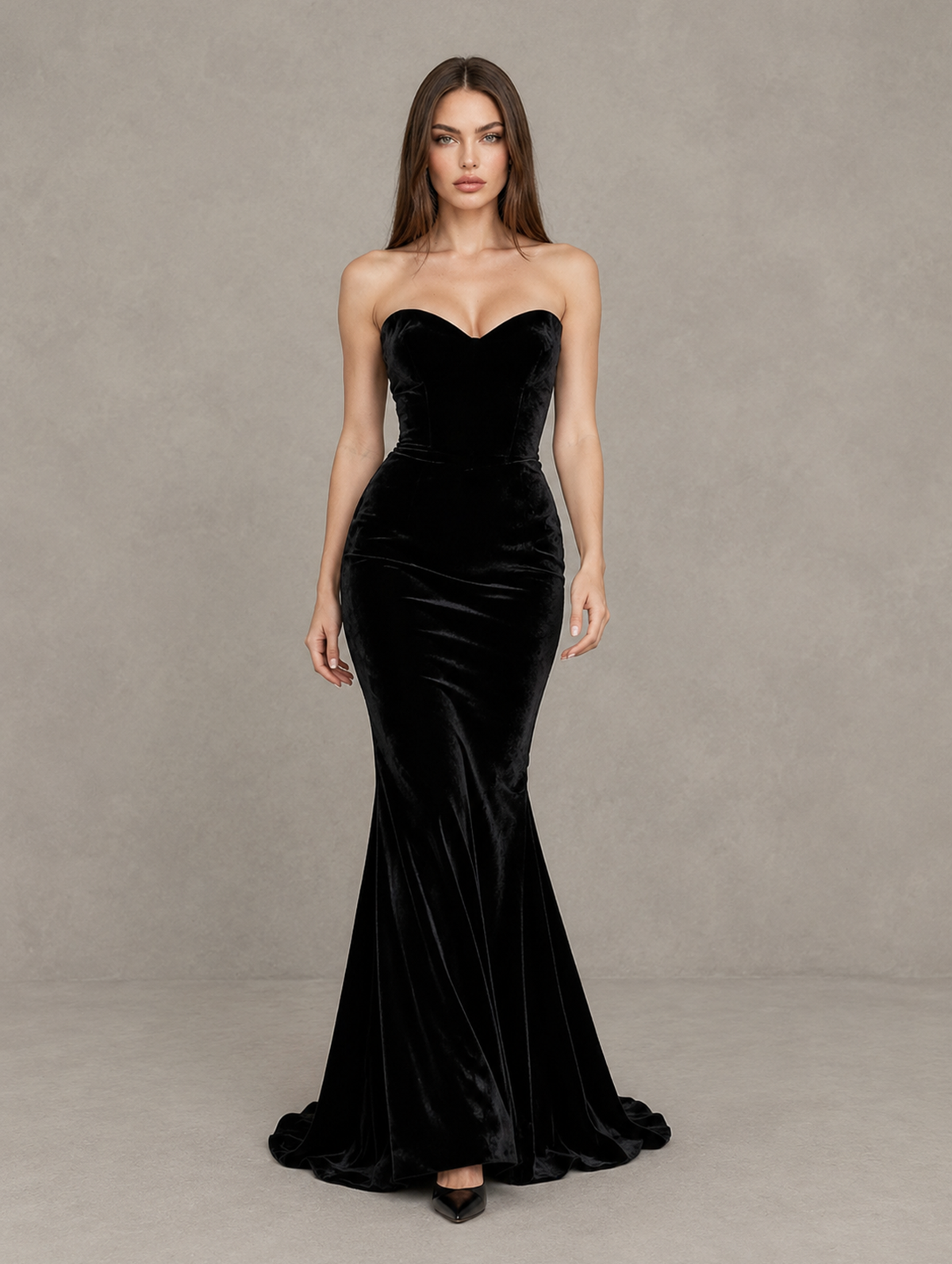 BOLODOO Black Strapless Sweetheart Velvet-Look Mermaid Evening Dress 