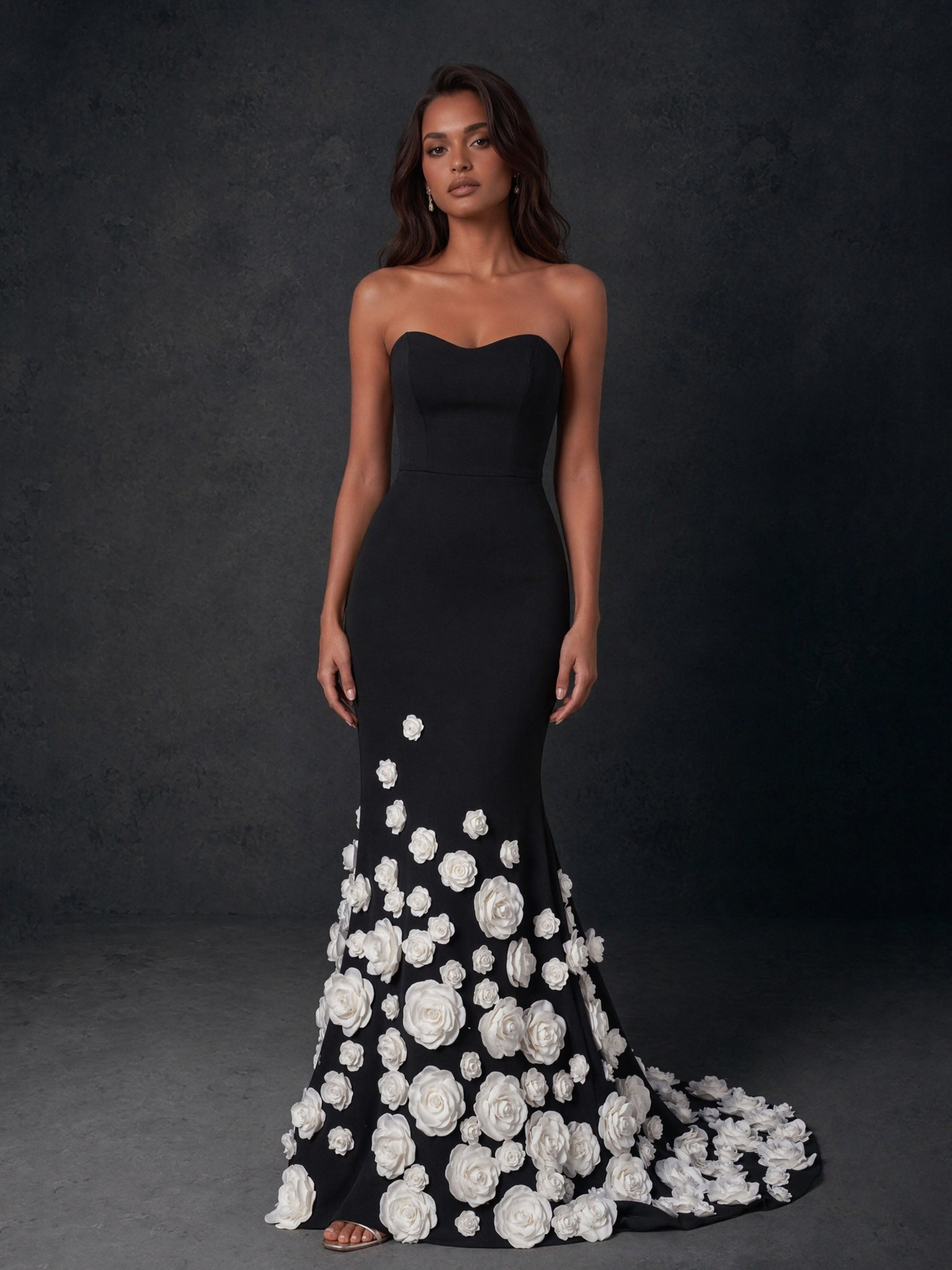 BOLODOO Black Sweetheart Strapless Crepe Mermaid Gown with White 3D Rose Floral Appliqué Skirt Open Back - Front Full Length Hands Clasped View
