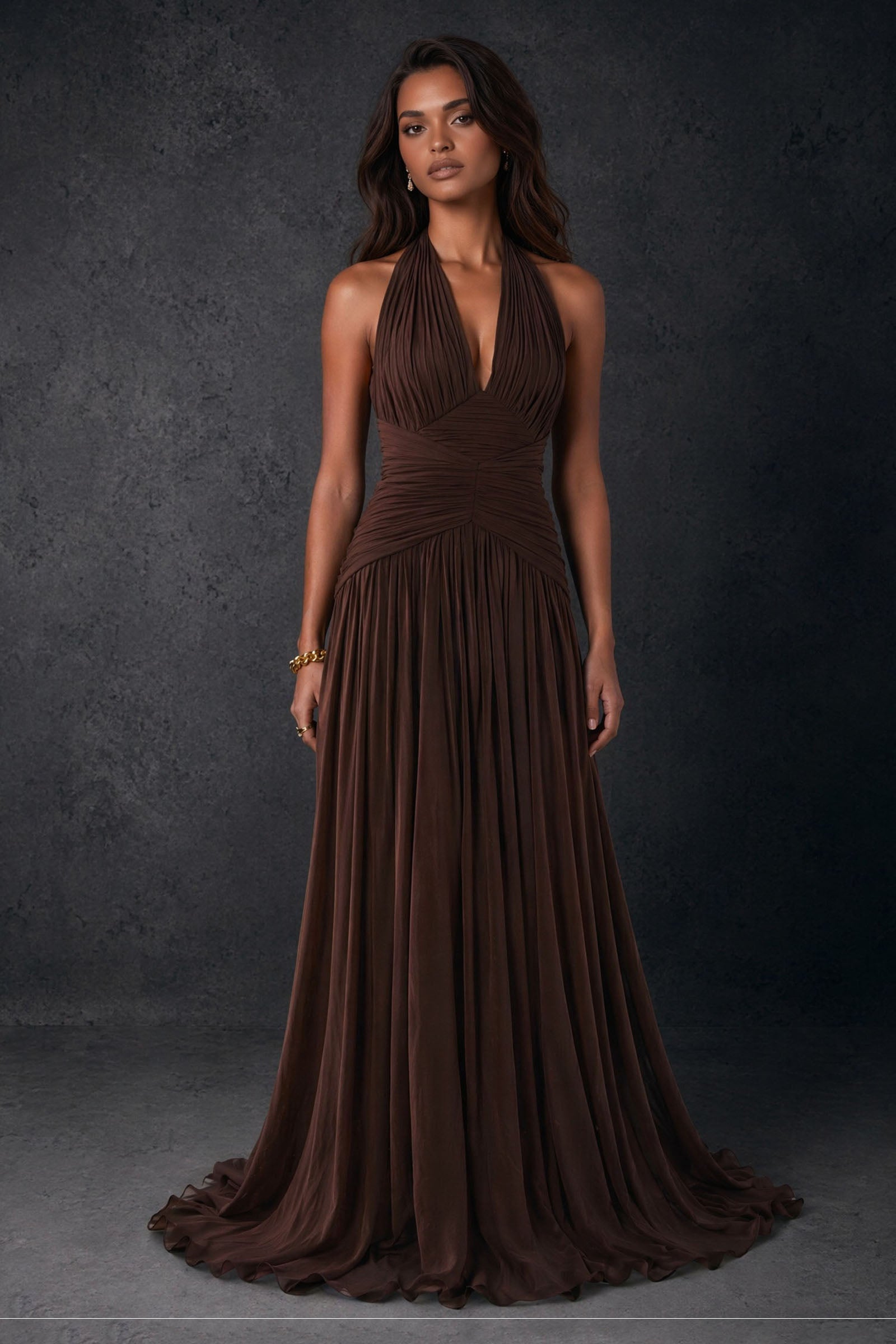 BOLODOO chocolate brown chiffon halter deep V-neck ruched A-line backless maxi dress - front full length view