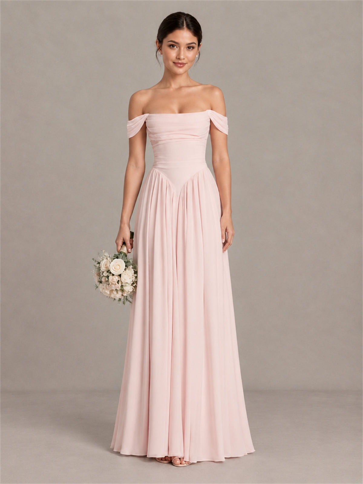 BOLODOO blush pink off-shoulder chiffon A-line bridesmaid dress front view