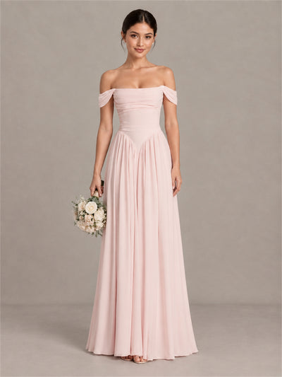 BOLODOO blush pink off-shoulder chiffon A-line bridesmaid dress front view