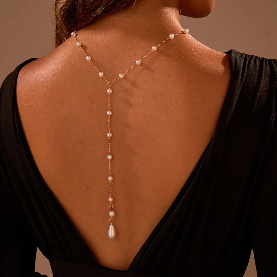 BOLODOO Gold-Tone Pearl Back Drop Necklace | Scattered Pearl Back Chain for Open-Back Wedding & Evening Dresses 