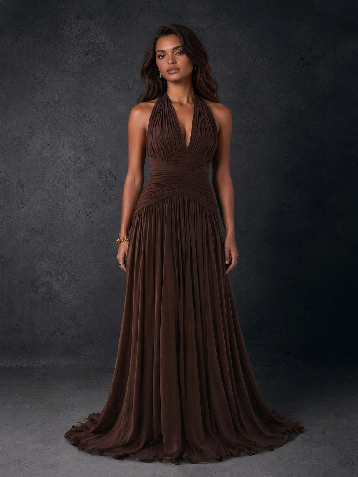 BOLODOO Chocolate Brown Chiffon Halter Deep V-Neck Ruched A-Line Backless Maxi Dress with Train