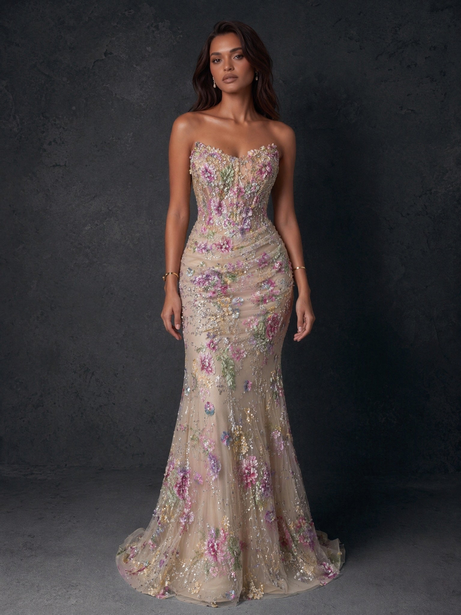 BOLODOO Champagne Floral Sequin Strapless Corset Mermaid Gown with Sweep Train