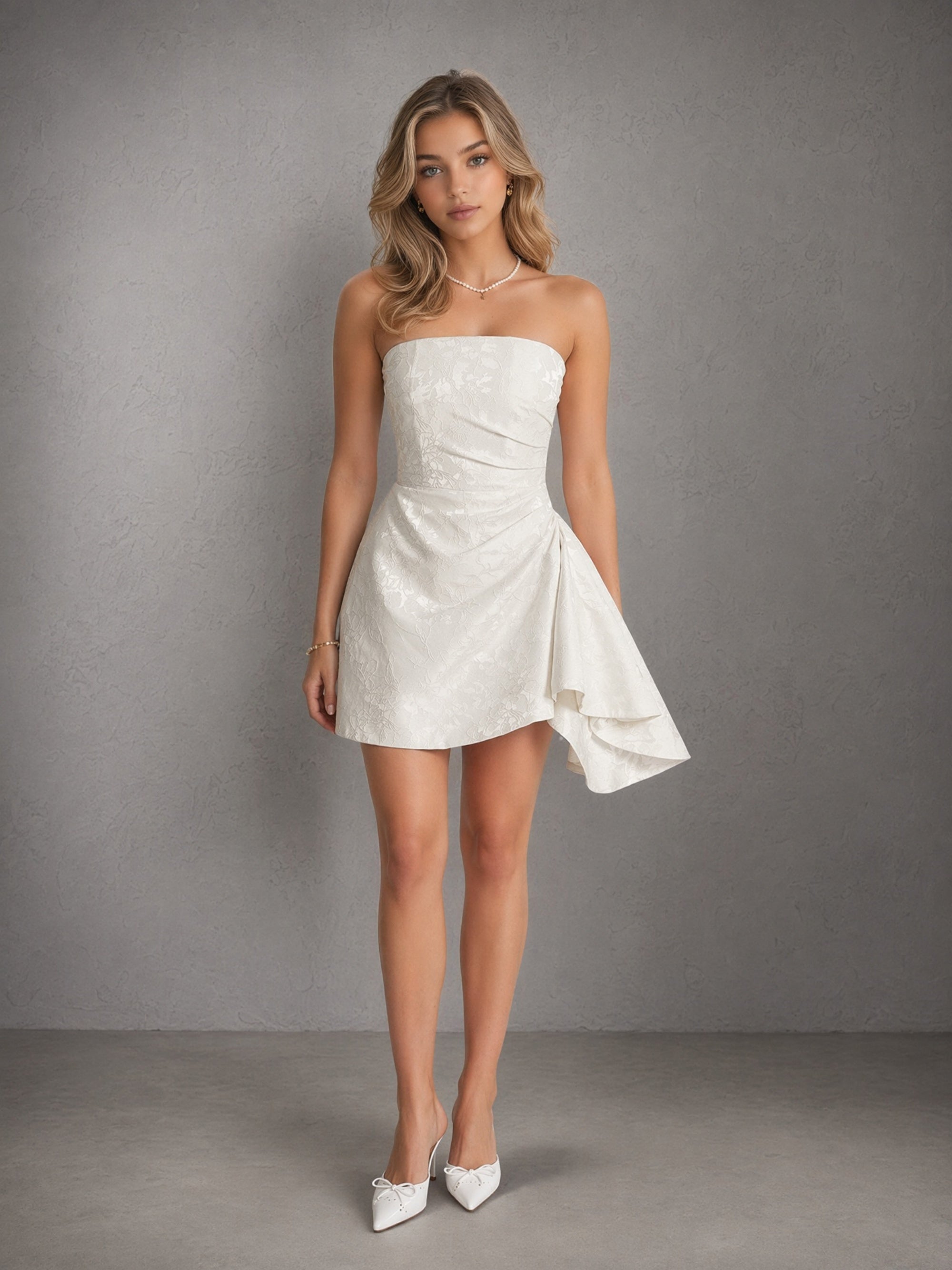 BOLODOO Ivory Jacquard Strapless Asymmetric Draped Ruffle Mini Dress - Front Upper Body Close-up Bodice and Ruffle Detail
