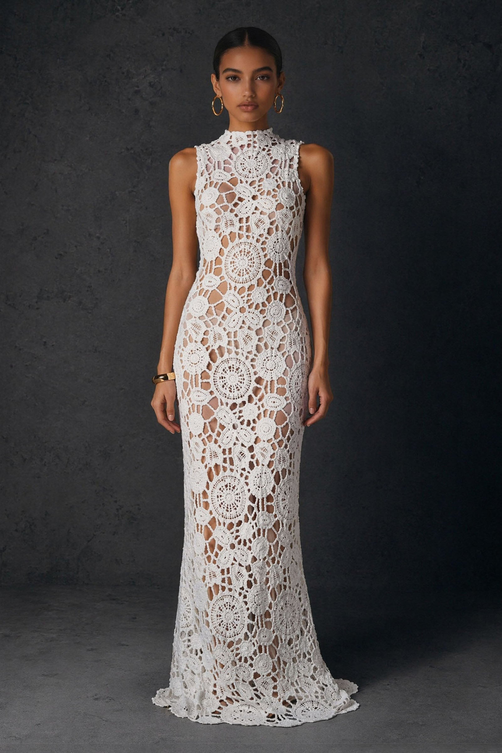 BOLODOO white crochet lace high neck sleeveless sheer mermaid maxi dress - front three-quarter view