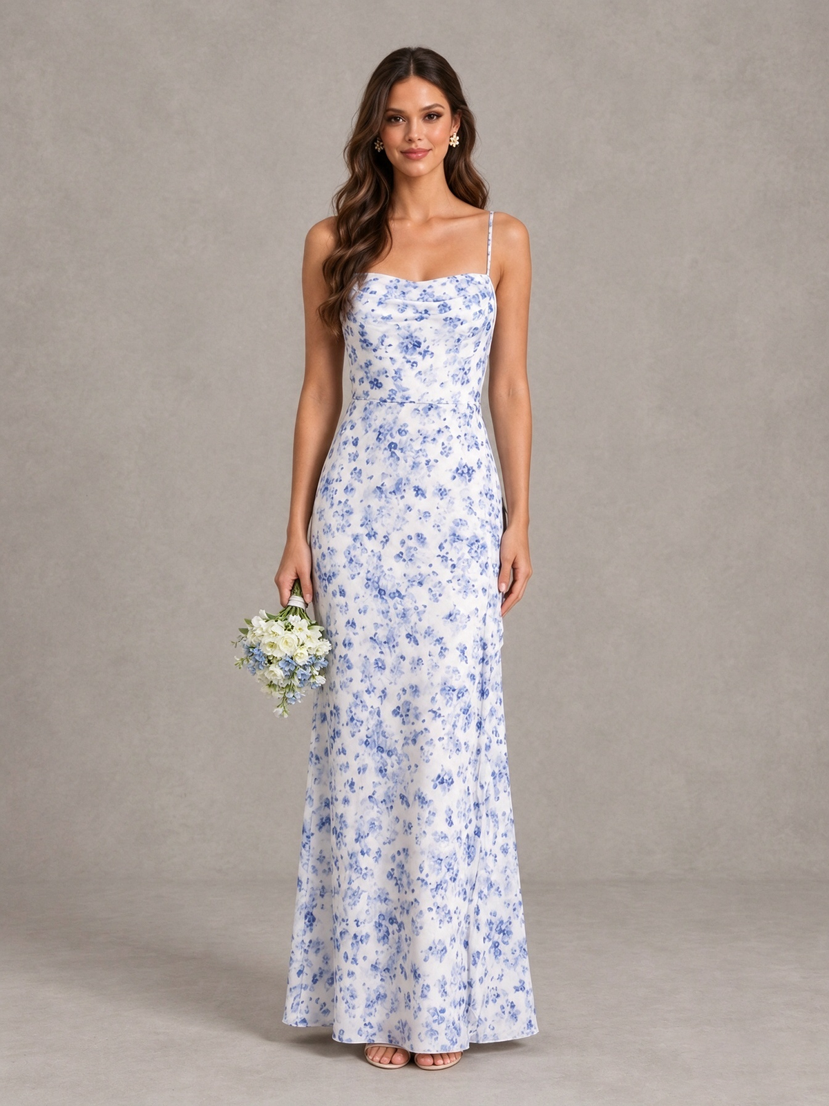 Blue Floral Bridesmaid Dress with Crisscross Open Back 