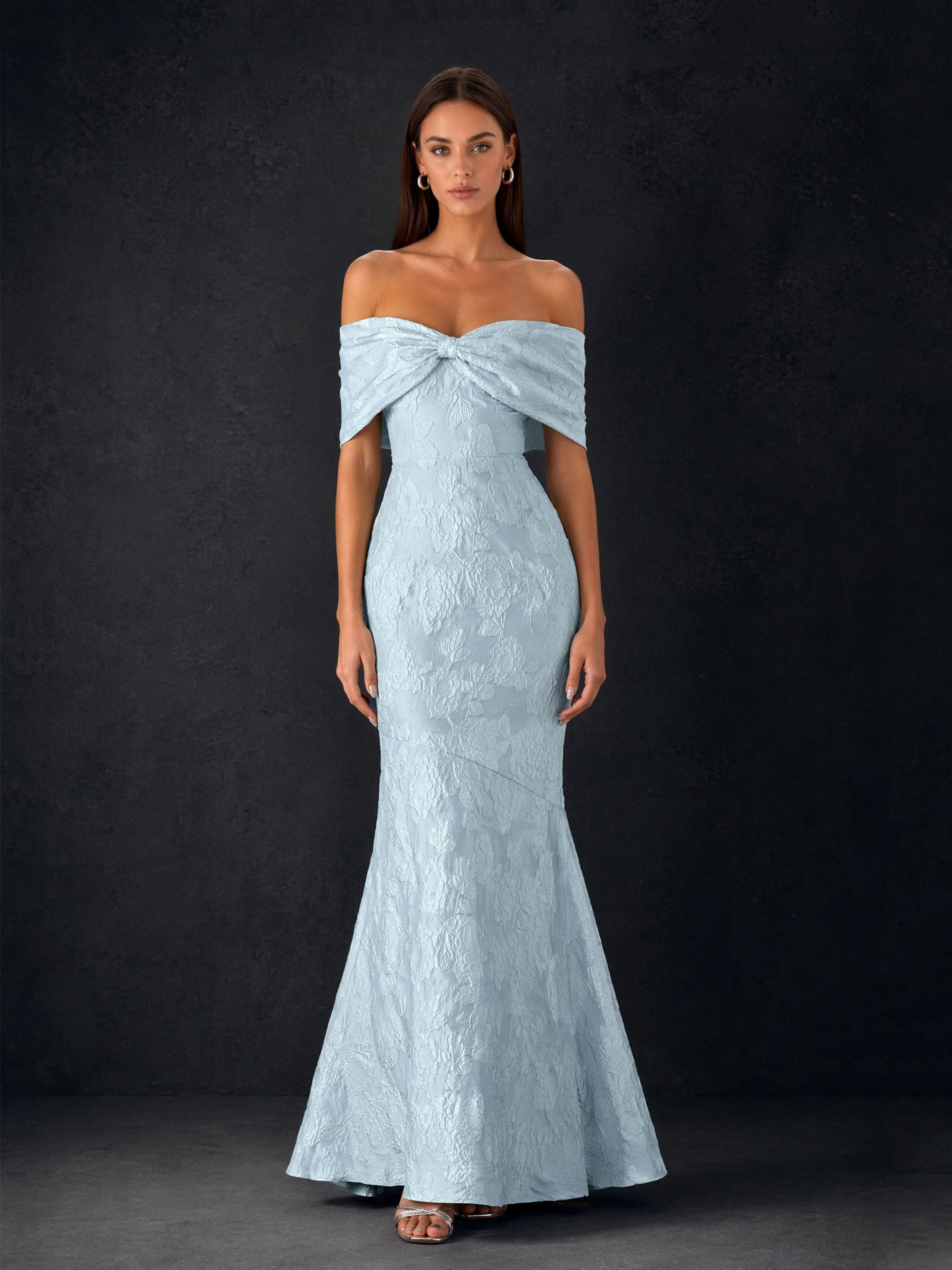 BOLODOO Ice Blue Floral Jacquard Twist Knot Off Shoulder Mermaid Maxi Dress - Front Upper Body Close Up showing Twist Knot Detail
