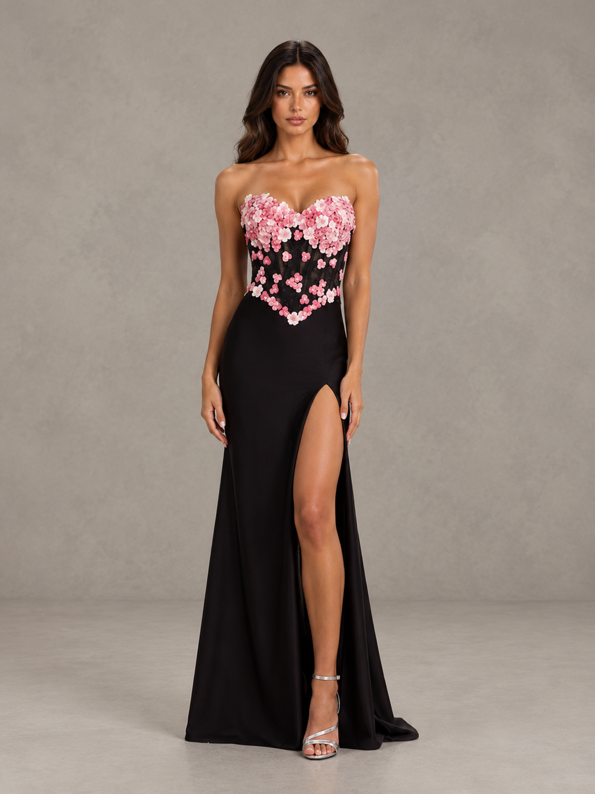 Black Strapless Floral Applique Prom Dress with High Slit 