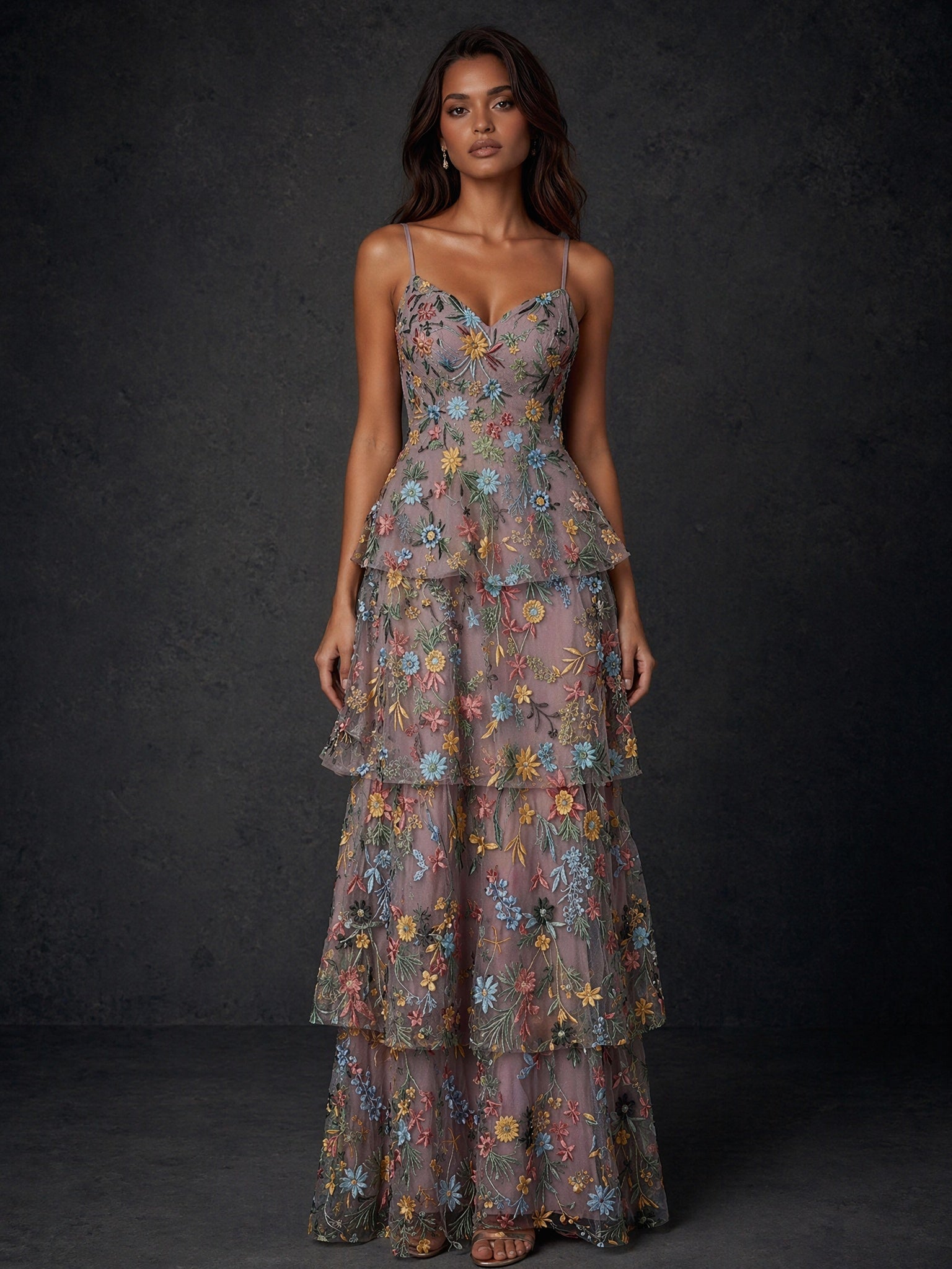 BOLODOO Multicolor Floral Embroidered Tiered Tulle Maxi Dress with Spaghetti Straps