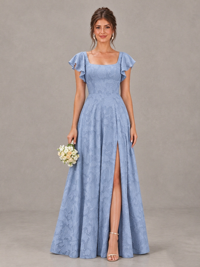 BOLODOO Dusty Blue Floral Flutter Sleeve Bridesmaid Dress with Slit 