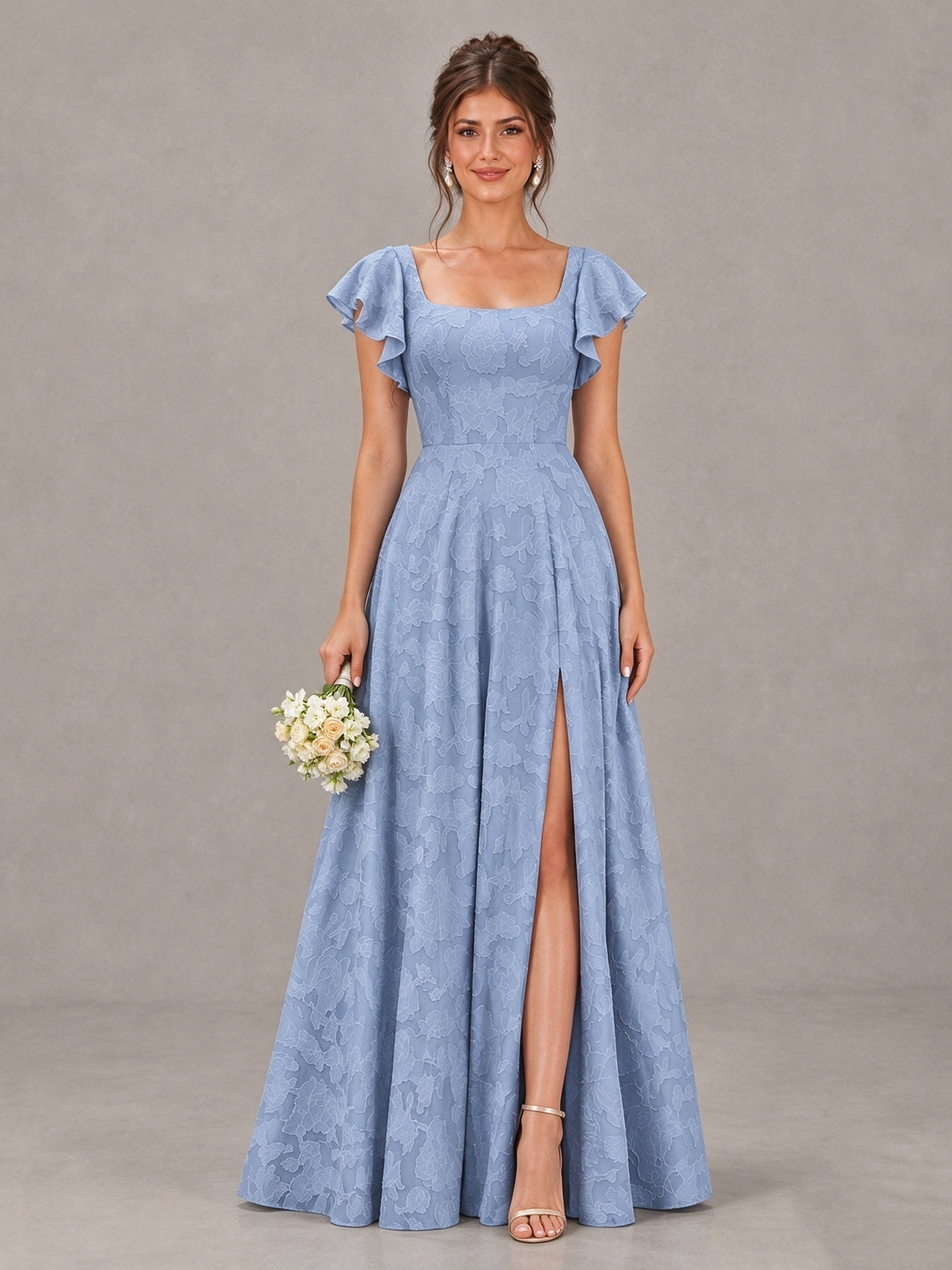 BOLODOO Dusty Blue Floral Flutter Sleeve Bridesmaid Dress with Slit 