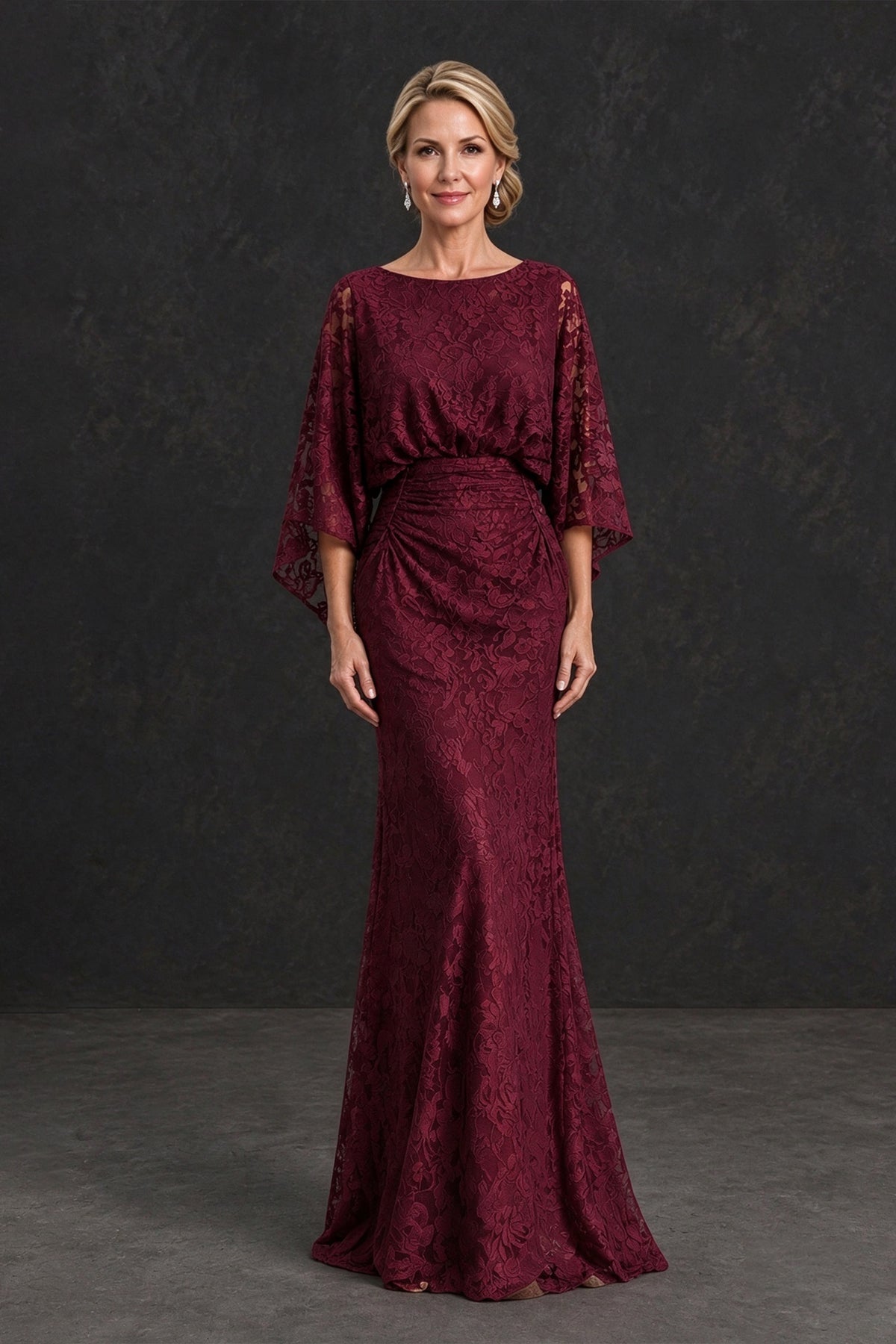 BOLODOO XX113 burgundy lace mother of the bride dress with three-quarter flutter sleeves, front view
