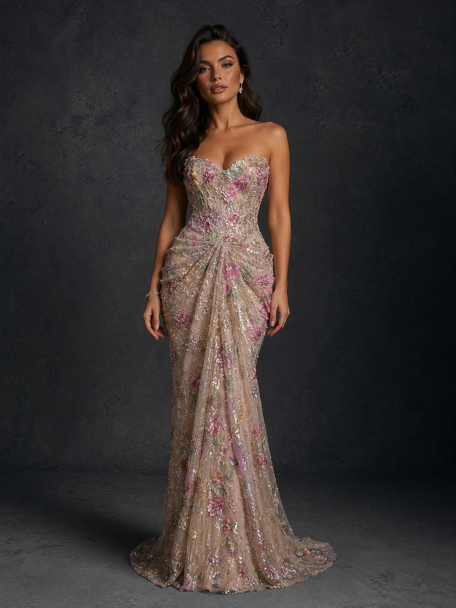 BOLODOO Champagne 3D Floral Sequin Strapless Mermaid Evening Gown with Sweep Train