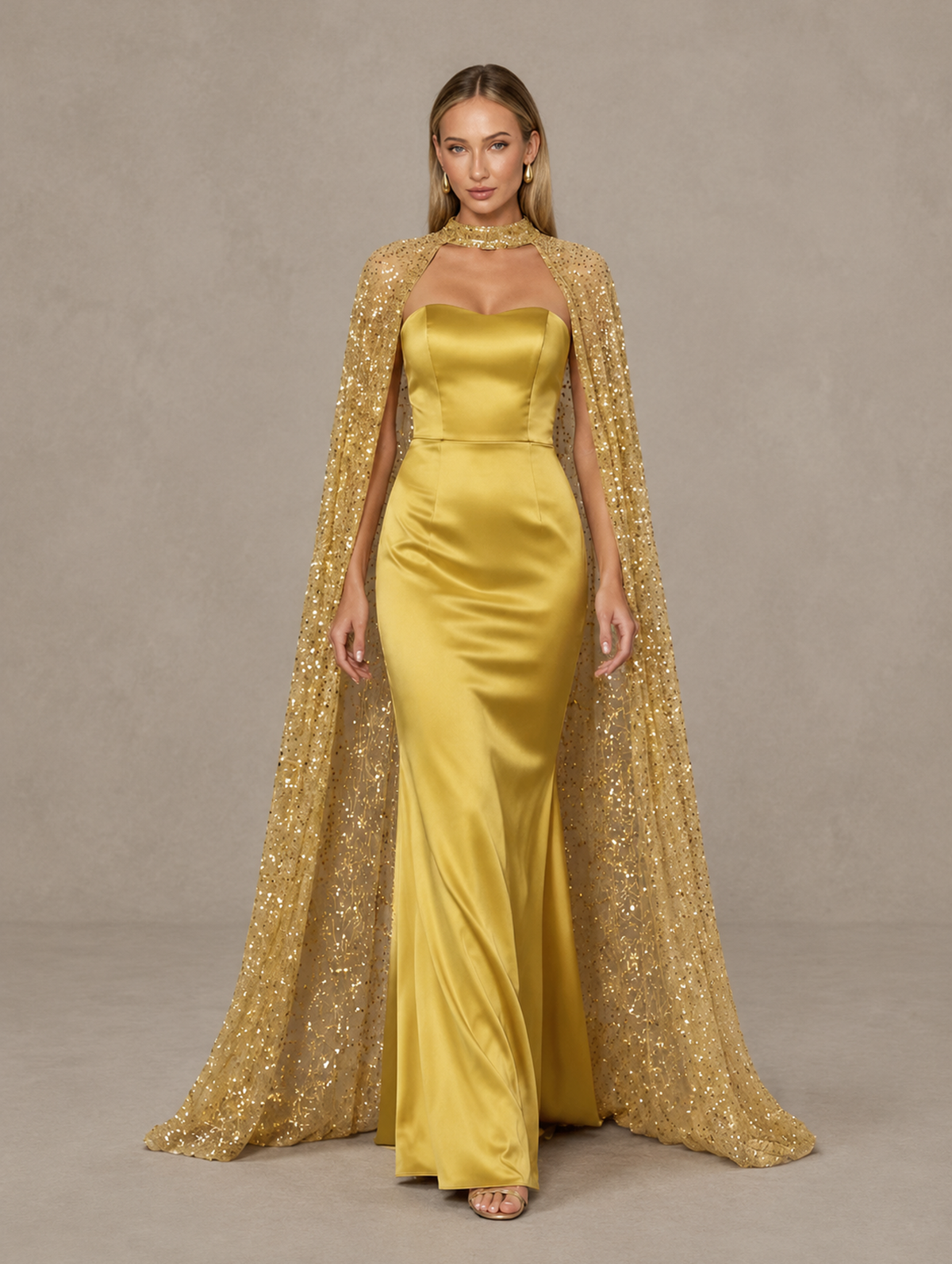 BOLODOO Gold Strapless Satin-Look Evening Gown with Sequin Cape 