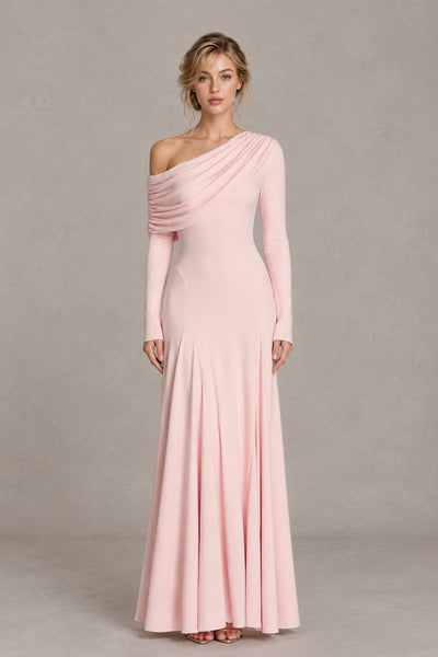BOLODOO XX050 blush pink asymmetric draped long sleeve evening gown, full front view