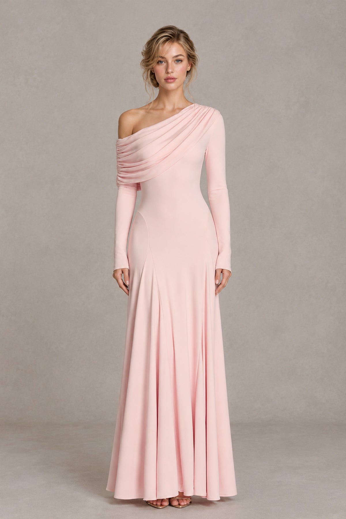 BOLODOO XX050 blush pink asymmetric draped long sleeve evening gown, full front view