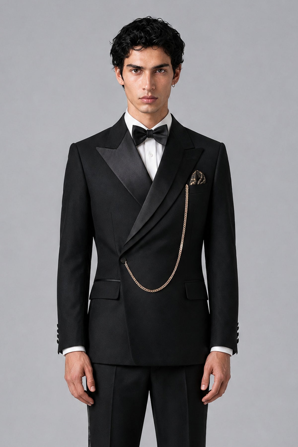 Bolodoo FQ1009 black tuxedo jacket detail with satin-look peak lapels and long sleeves
