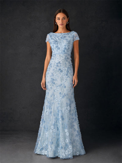 BOLODOO Dusty Blue 3D Floral Embroidered Lace Cap Sleeve Bateau Neck Mermaid Maxi Dress
