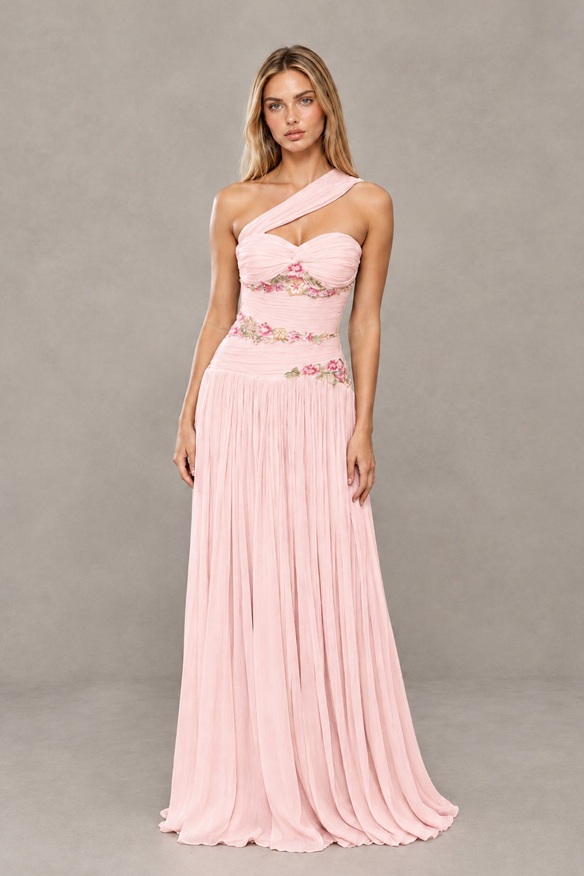 BOLODOO Blush Pink One-Shoulder Floral Applique Prom Dress 