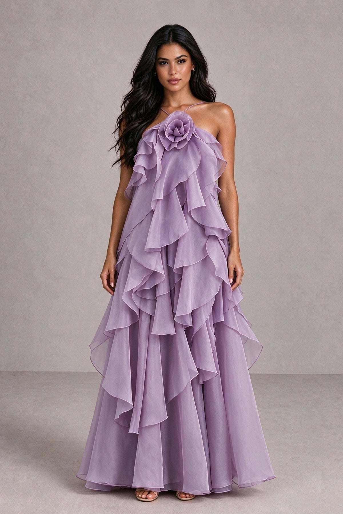 BOLODOO lilac floor-length maxi dress with cascading ruffles and rosette neckline, full front view