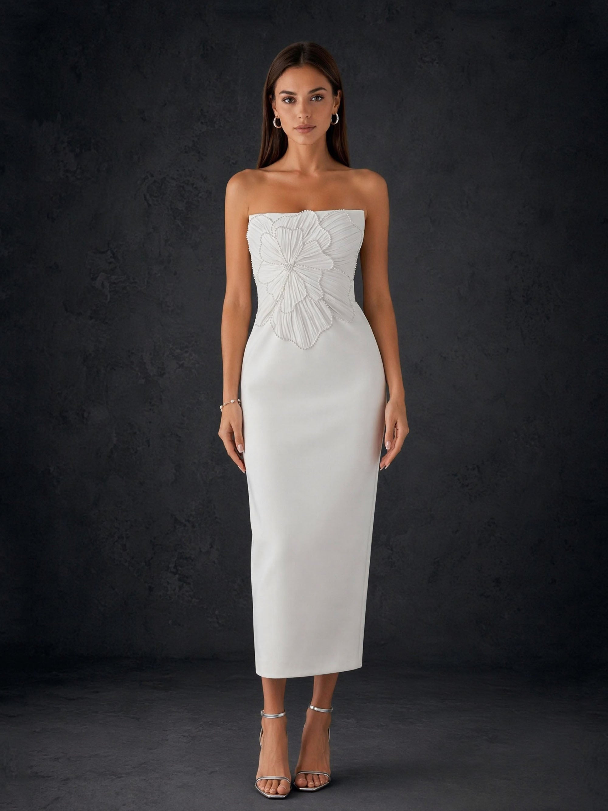 BOLODOO Ivory Strapless 3D Sculptural Petal Feather Embroidered Bodycon Midi Dress - Front Upper Body Close-up 3D Petal Embroidery Detail