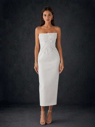 BOLODOO Ivory Strapless 3D Sculptural Petal Feather Embroidered Bodycon Midi Dress - Front Upper Body Close-up 3D Petal Embroidery Detail
