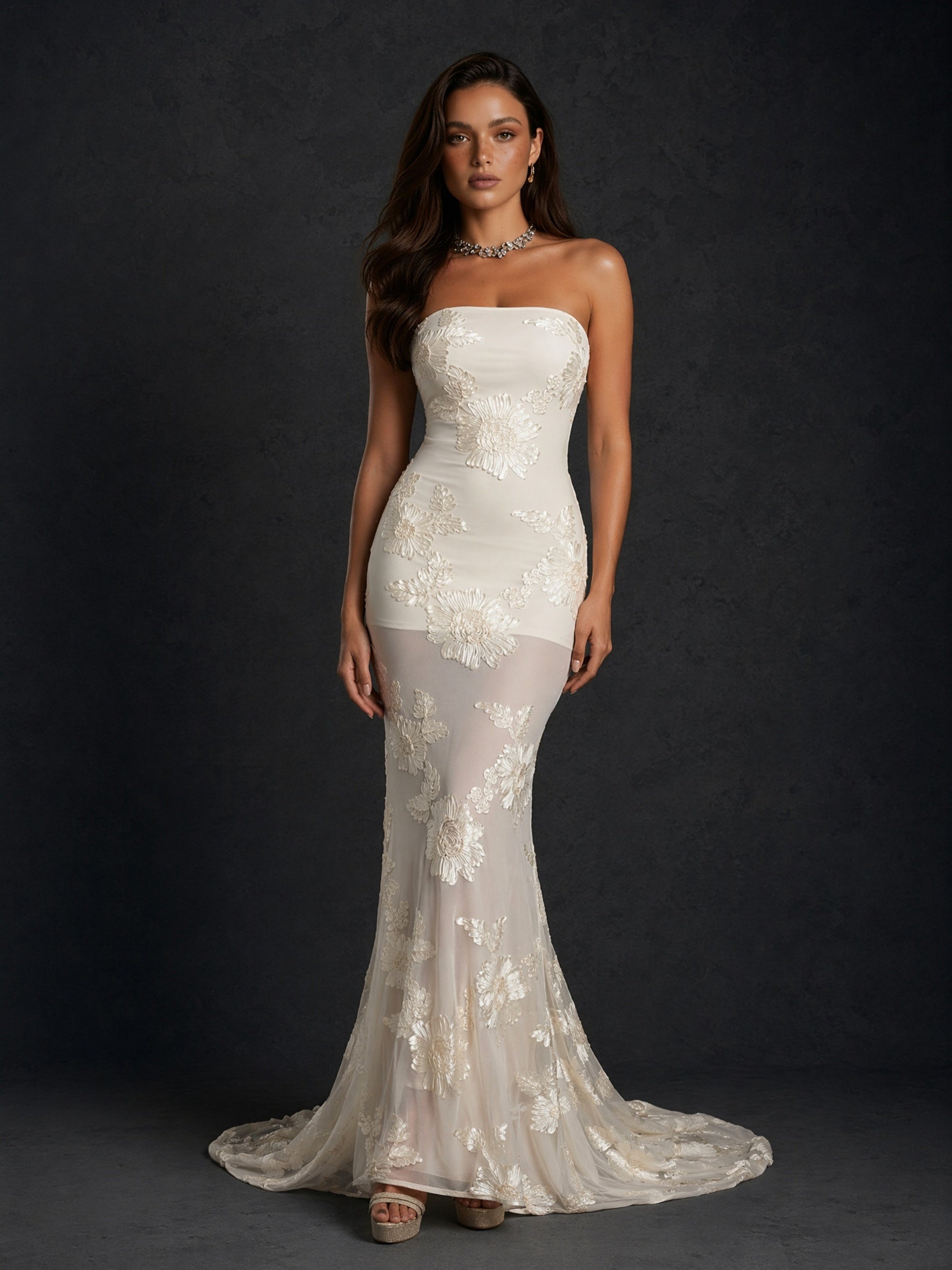 BOLODOO Ivory Gold Floral Sequin Embroidered Strapless Open Back Mermaid Maxi Dress - Front Upper Body Close-up Bodice and Embroidery Detail