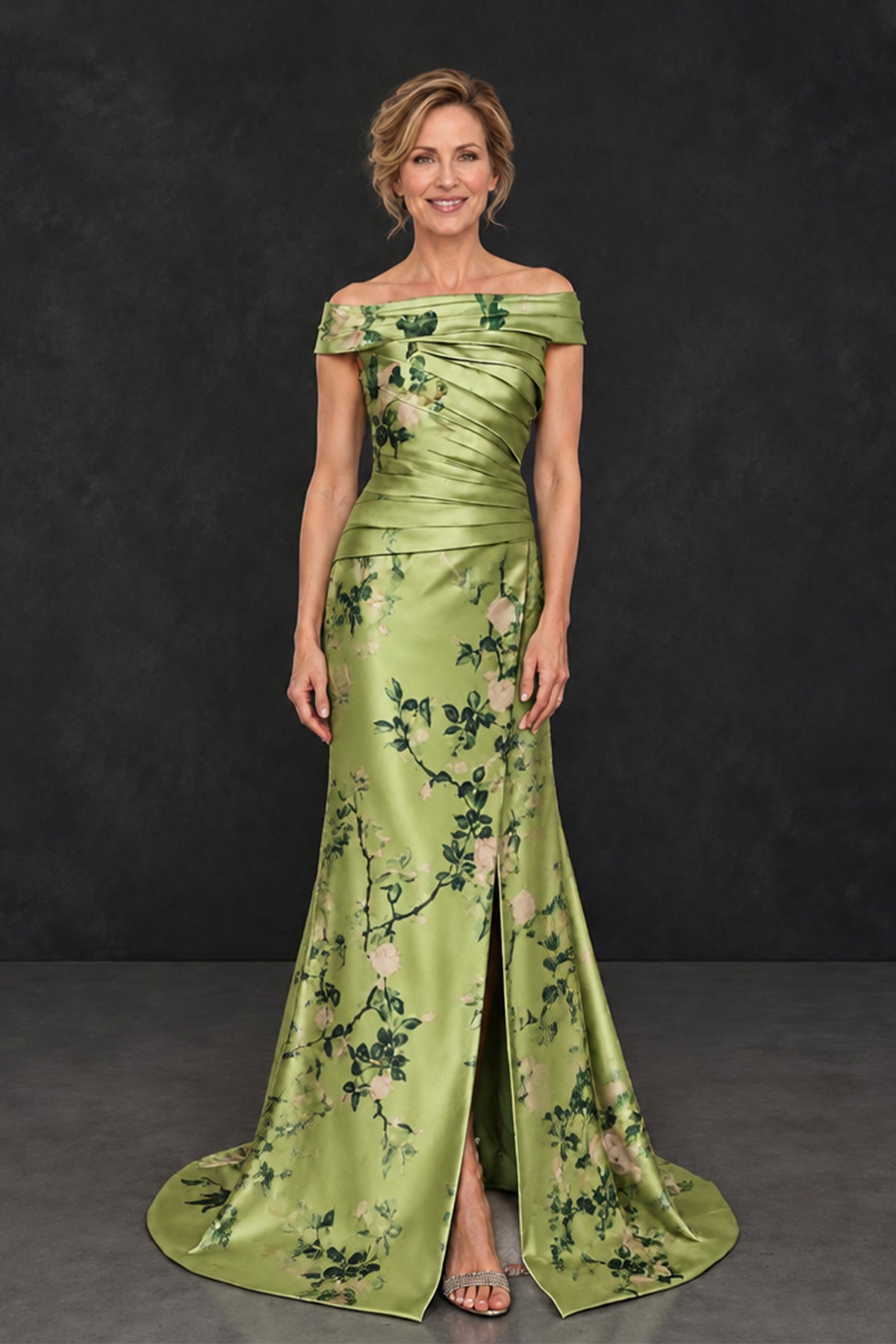 BOLODOO XX091 green floral off-shoulder mermaid dress with front slit and sweep train, front view