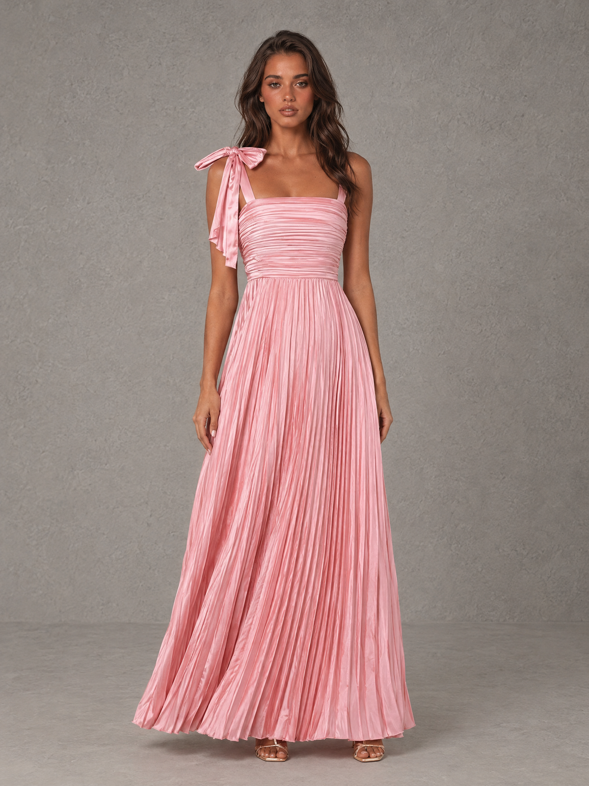BOLODOO Pink Pleated Bow-Strap Bridesmaid Maxi Dress 