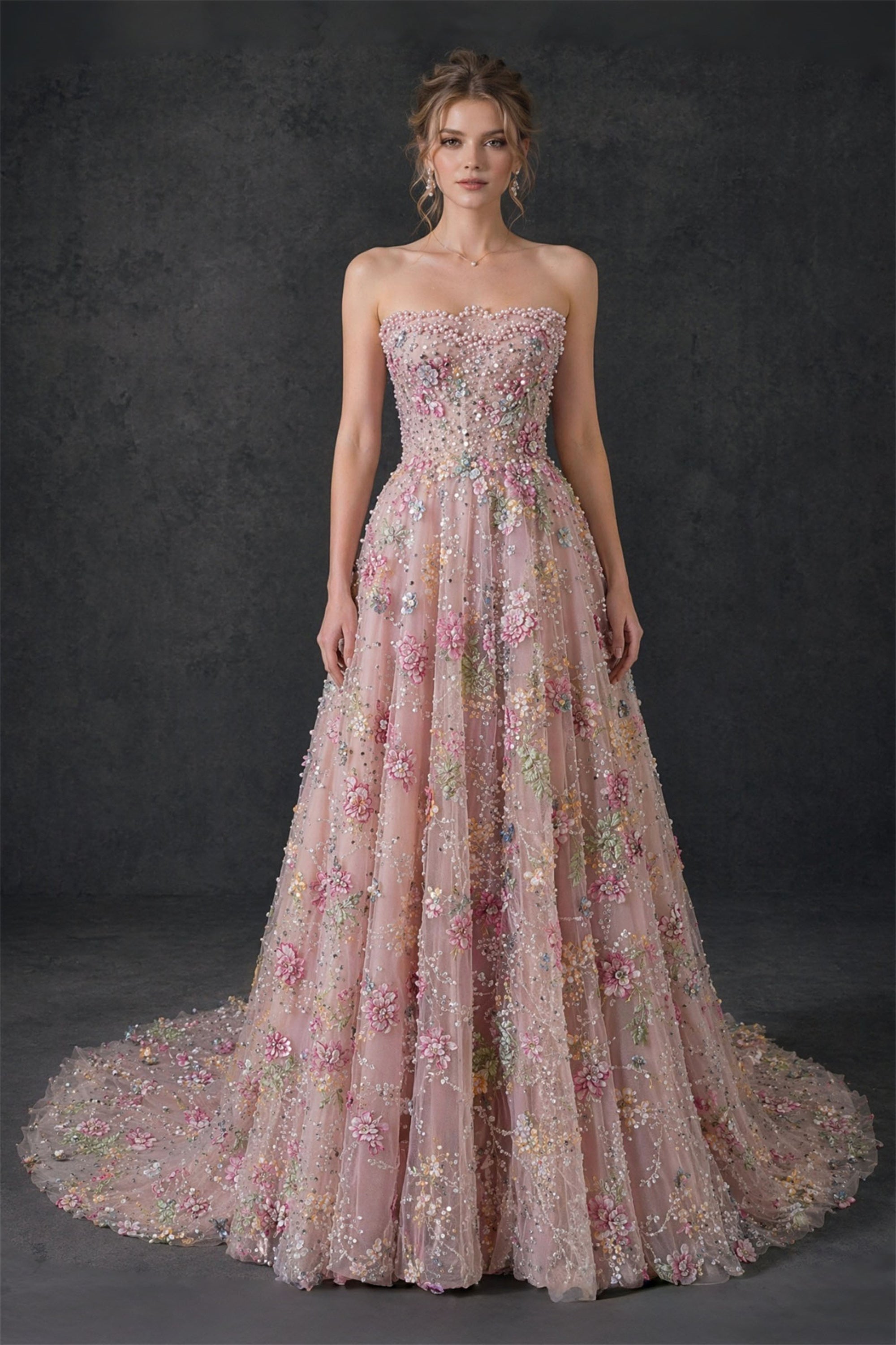 BOLODOO blush pink multicolor 3D floral pearl sequin embroidered tulle strapless sweetheart ball gown - front close up bodice and pearl neckline detail