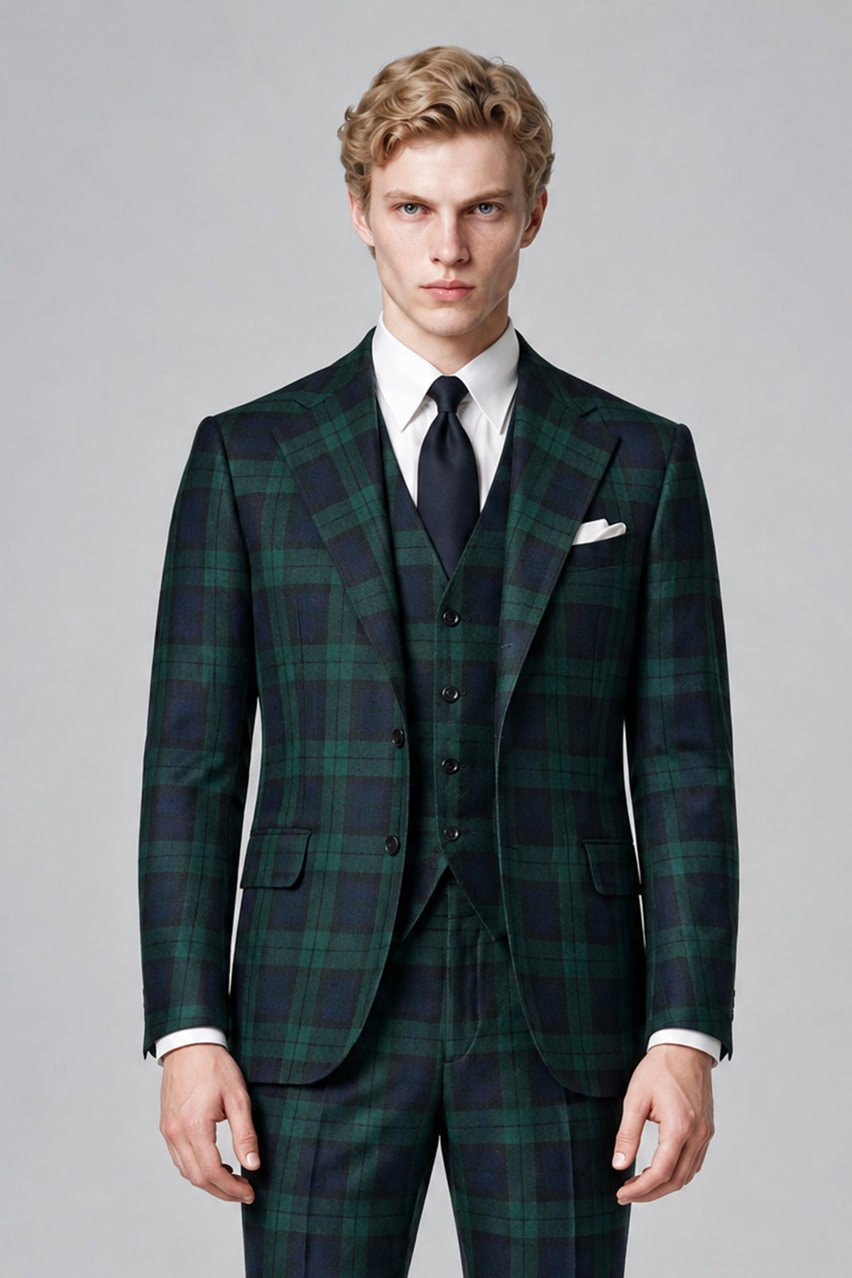 Bolodoo FQ1018 men's green and navy plaid suit rear three-quarter view