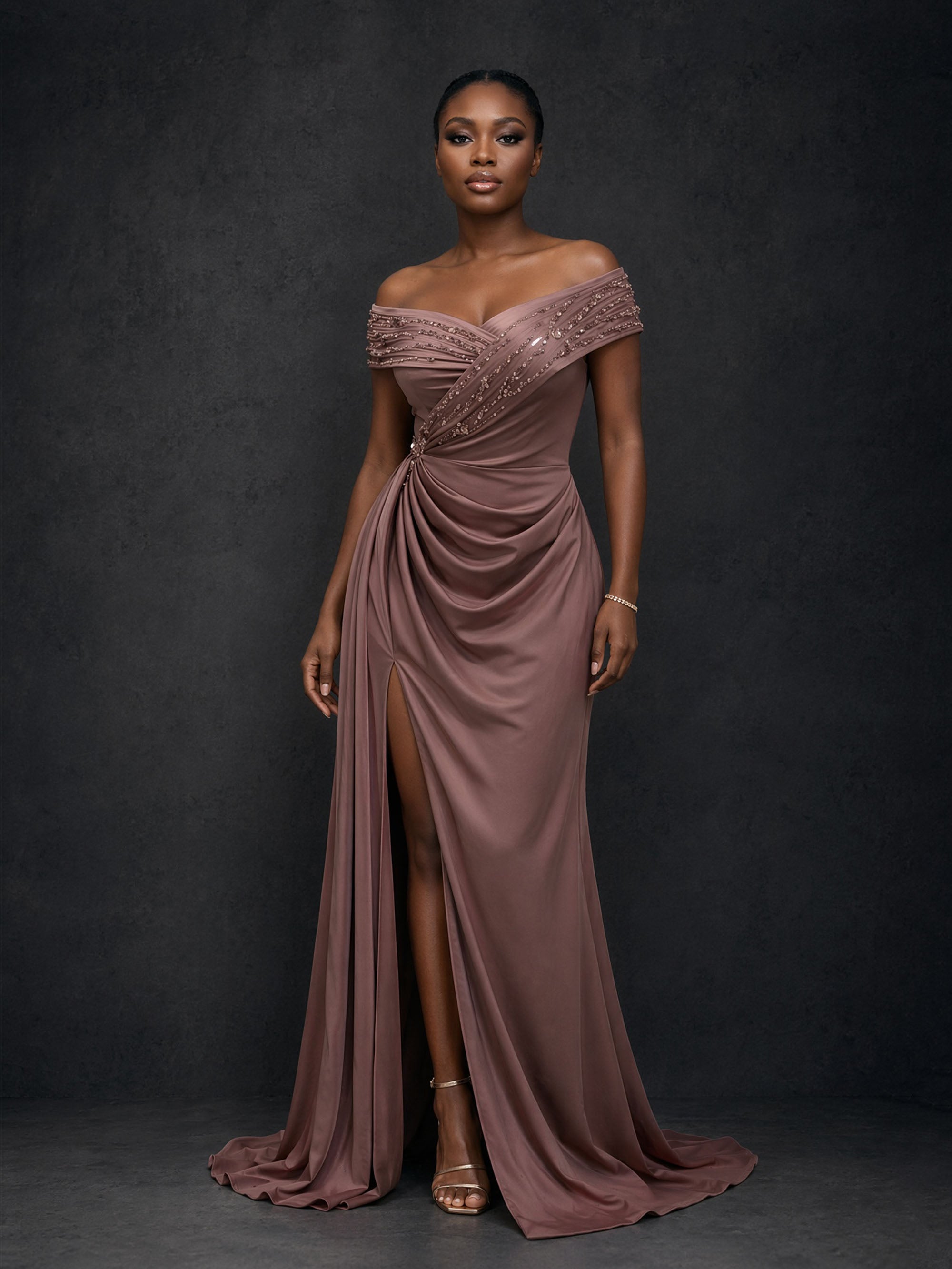 BOLODOO mocha brown beaded off-shoulder draped slit maxi dress - front full length view