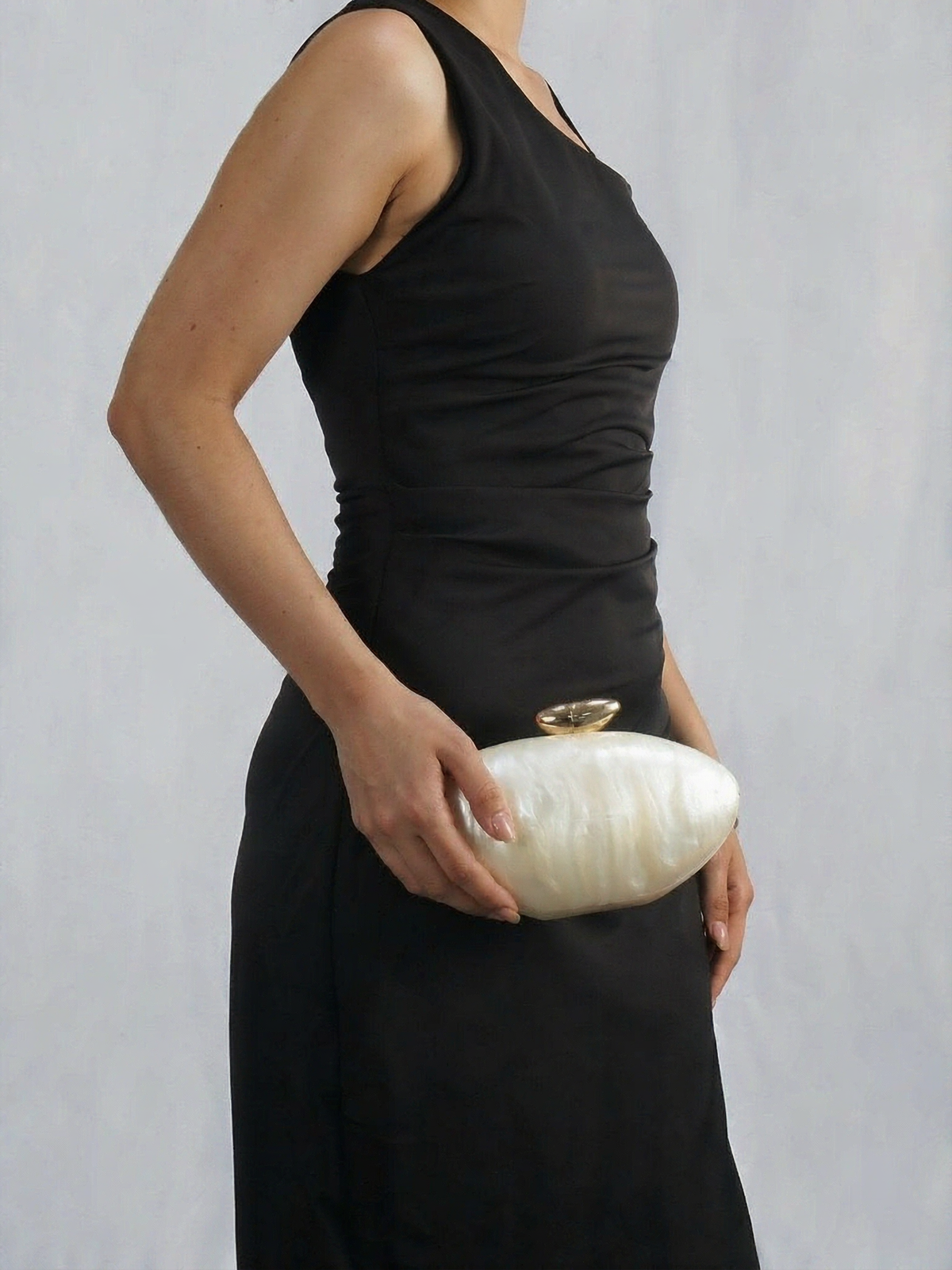 BOLODOO Ivory Pearlescent Oval Clutch with Gold-Tone Clasp 