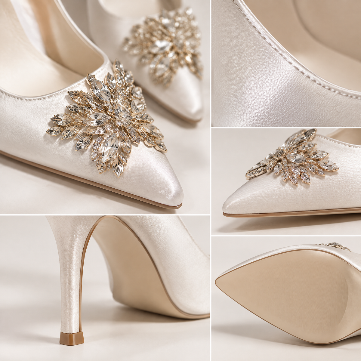 Close-up details of BOLODOO white satin bridal heels showing crystal floral brooch, stitching, heel and sole